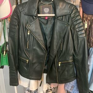 Vince Green Leather Jacket with Asymmetrical Zipper and Quilted Shoulders